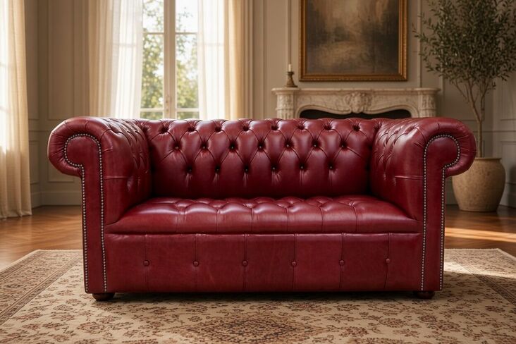 Chesterfield 2 Seater Sofa Settee Buttoned Seat Old English Burgandy Leather