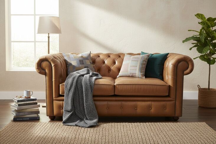 Chesterfield 2 Seater Sofa Tan Old English Aniline Leather