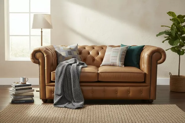 Chesterfield 2 Seater Sofa Tan Old English Aniline Leather