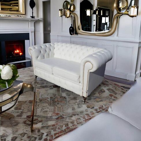 Chesterfield 2 Seater White Leather Sofa Brass Studs