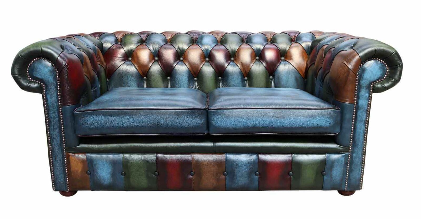 Product photograph of Chesterfield Patchwork 2 Seater Settee Antique Blue Real Leather Sofa from Designer Sofas 4U