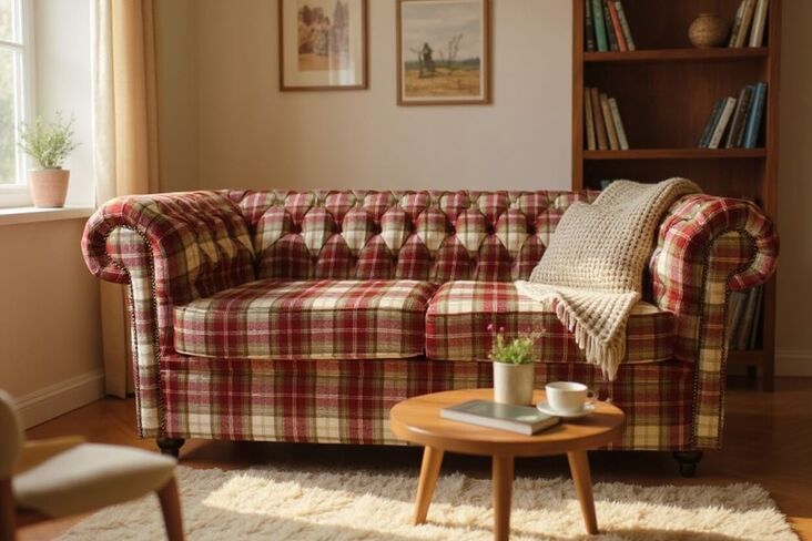 Chesterfield Arnold Wool 2 Seater Sofa Settee Fernie Red Tweed Check