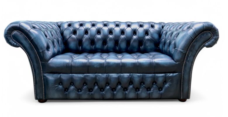 Chesterfield Balmoral 2 Seater Buttoned Seat Sofa Settee Antique Blue Leather DBB