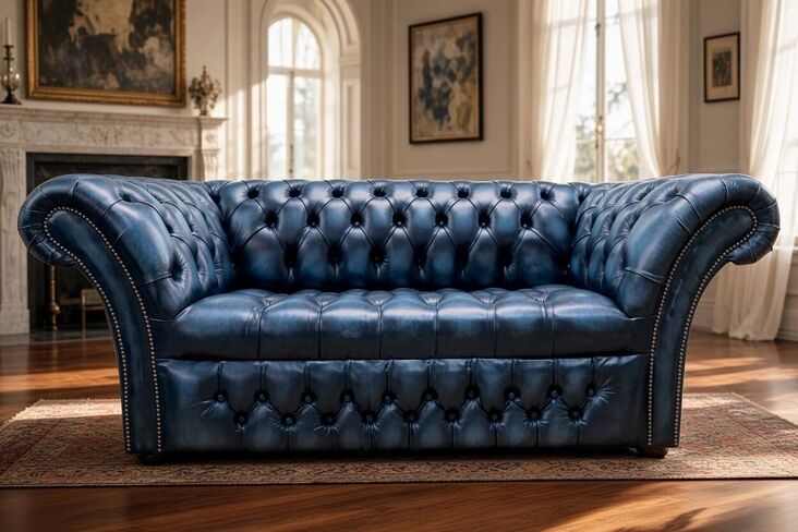 Chesterfield Balmoral 2 Seater Buttoned Seat Sofa Settee Antique Blue Leather DBB