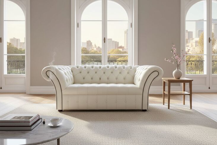 Chesterfield Balmoral 2 Seater Sofa Settee Buttoned Seat Cottonseed Real Leather