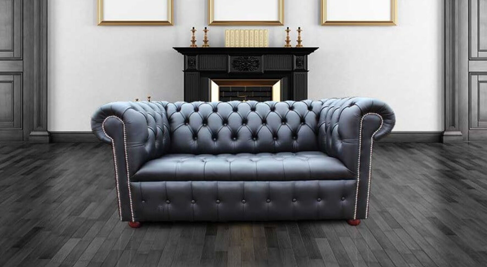 Product photograph of Chesterfield Belgravia 2 Seater Settee Sofa Buttoned Seat Black Leather Silver Studding Stock from Designer Sofas 4U