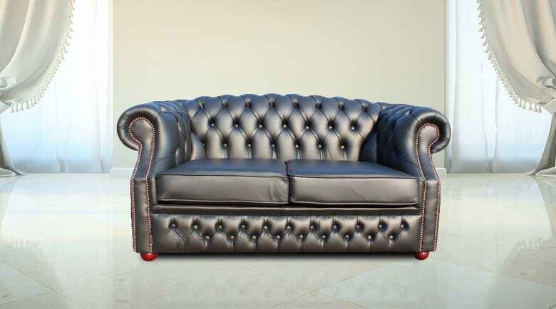 Chesterfield Buckingham 2 Seater Sofa Shelly Black Real Leather