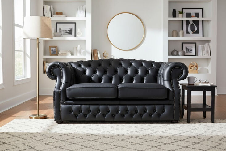 Chesterfield Buckingham 2 Seater Sofa Shelly Black Real Leather
