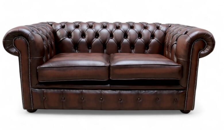 Chesterfield Classic Tufted Buttoned 2 Seater Antique Brown Leather Sofa Settee