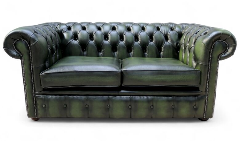 Chesterfield Classic Tufted Buttoned 2 Seater Antique Green Leather Sofa Settee