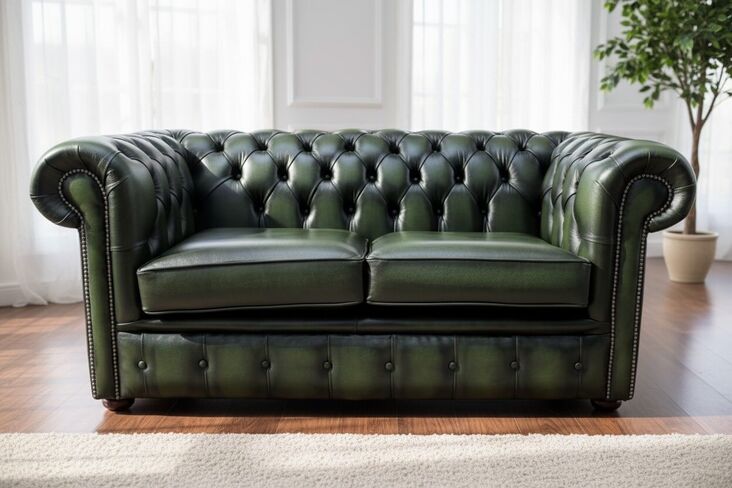 Chesterfield Classic Tufted Buttoned 2 Seater Antique Green Leather Sofa Settee