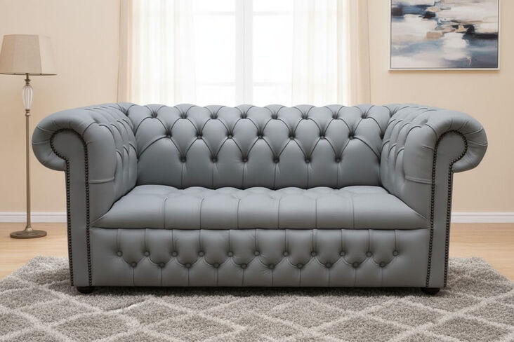 Chesterfield Edwardian 2 Seater Settee Sofa Buttoned Seat Silver Grey Leather