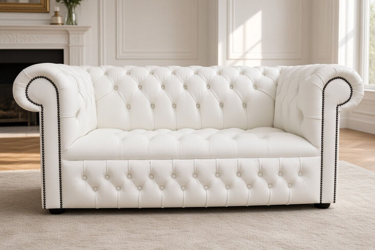 Chesterfield Edwardian 2 Seater Settee Sofa Buttoned Seat White Leather