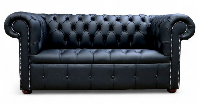 Chesterfield Edwardian 2 Seater Sofa Buttoned Seat Black Leather