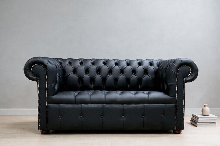 Chesterfield Edwardian 2 Seater Sofa Buttoned Seat Black Leather