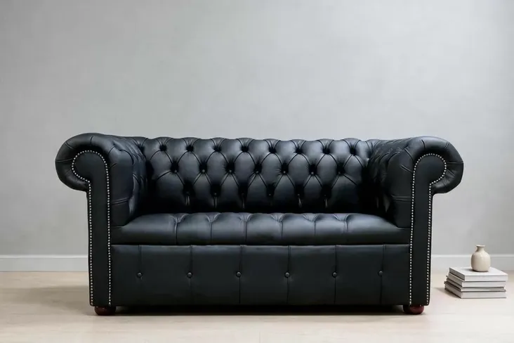 Chesterfield Edwardian 2 Seater Sofa Buttoned Seat Black Leather