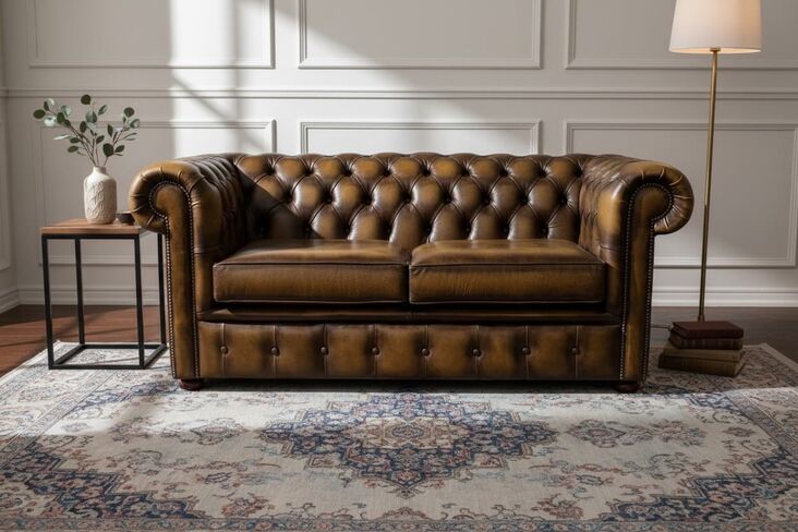 Chesterfield Handmade 2 Seater Antique Gold Real Leather Sofa