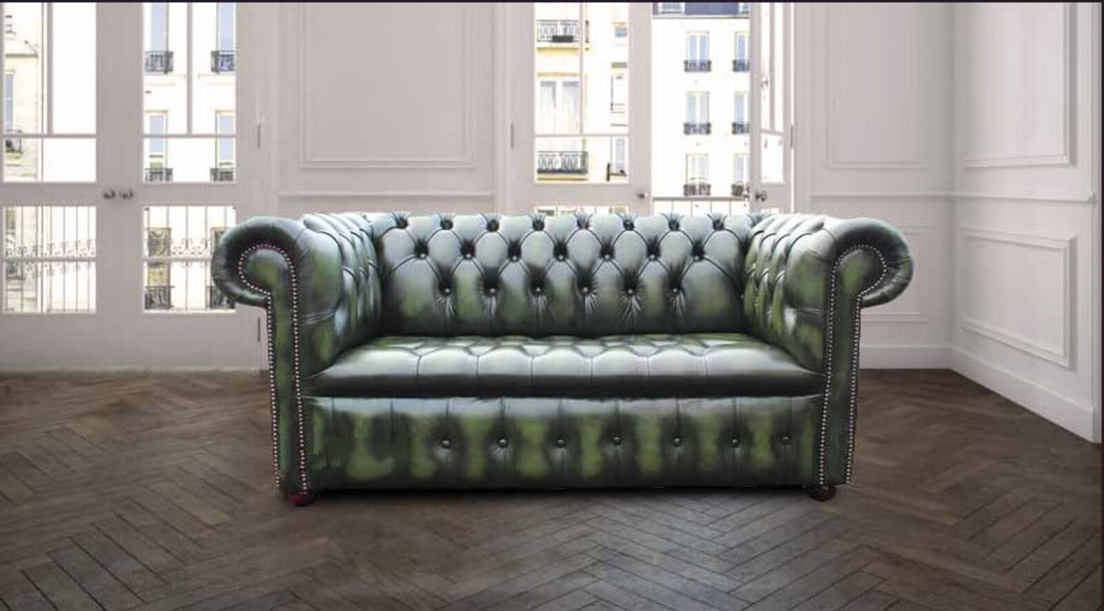 Product photograph of Chesterfield Kensington 2 Seater Settee Sofa Buttoned Seat Antique Green Leather from Designer Sofas 4U