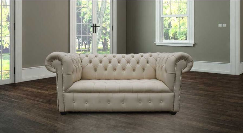 Chesterfield Kensington 2 Seater Settee Sofa Buttoned Seat Ivory Cottonseed Leather