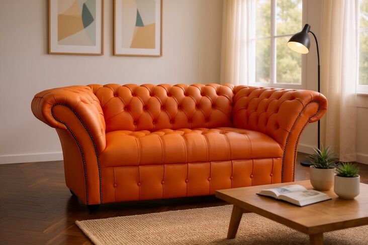 Chesterfield Lawrence 2 Seater Sofa Settee Buttoned Seat Flamenco Orange Leather