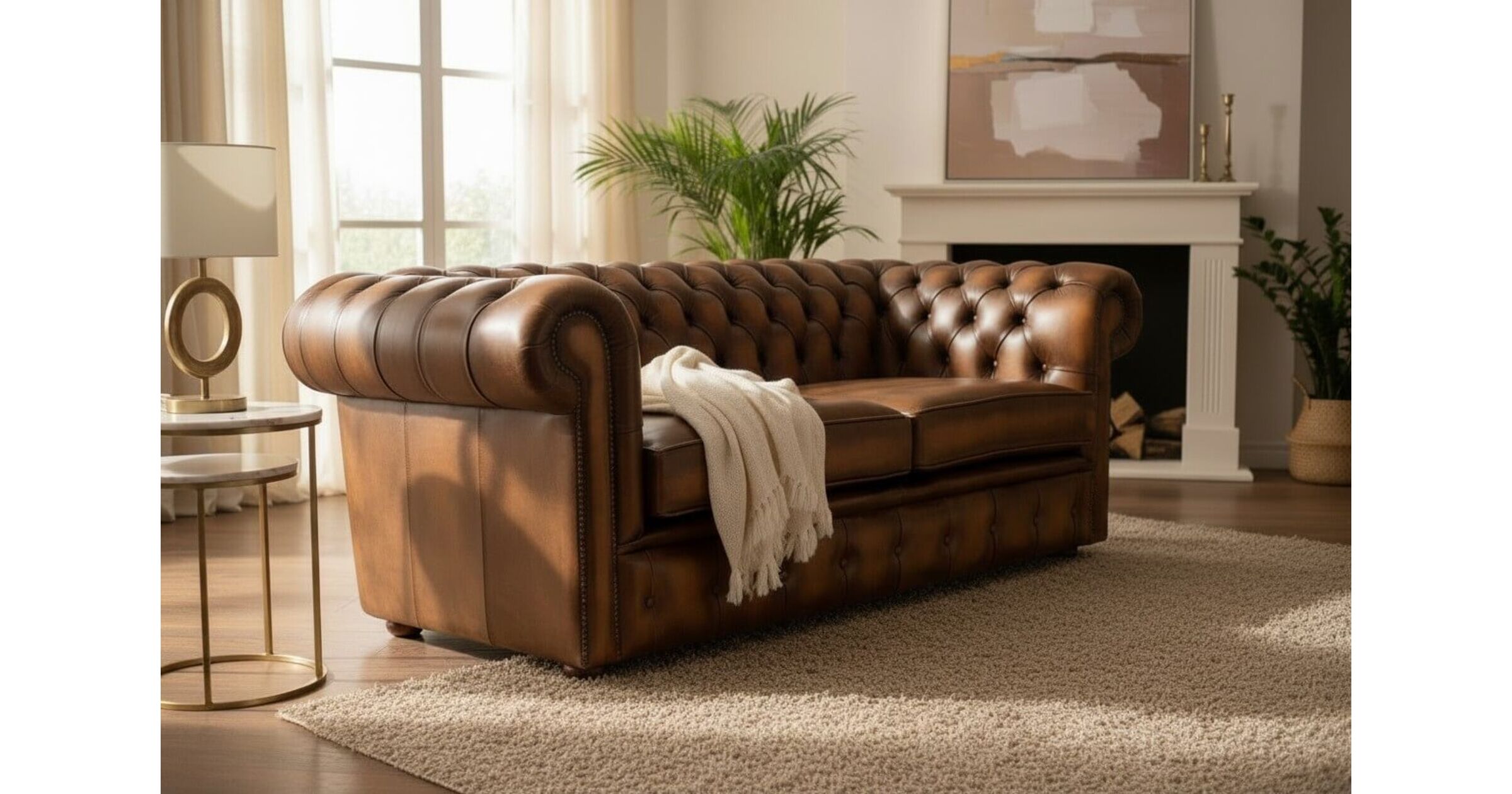 DesignerSofas4U | 2.5 seat tan leather Chesterfield sofa