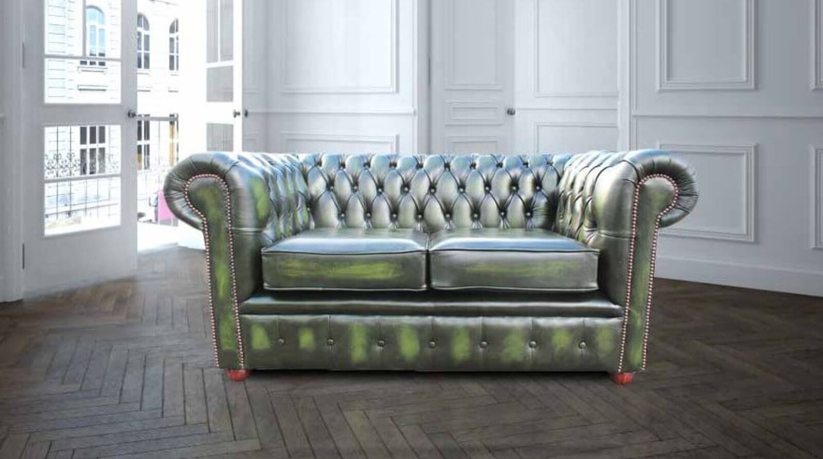 Product photograph of Chesterfield London 2 Seater Antique Green Leather Sofa Settee Offer from Designer Sofas 4U