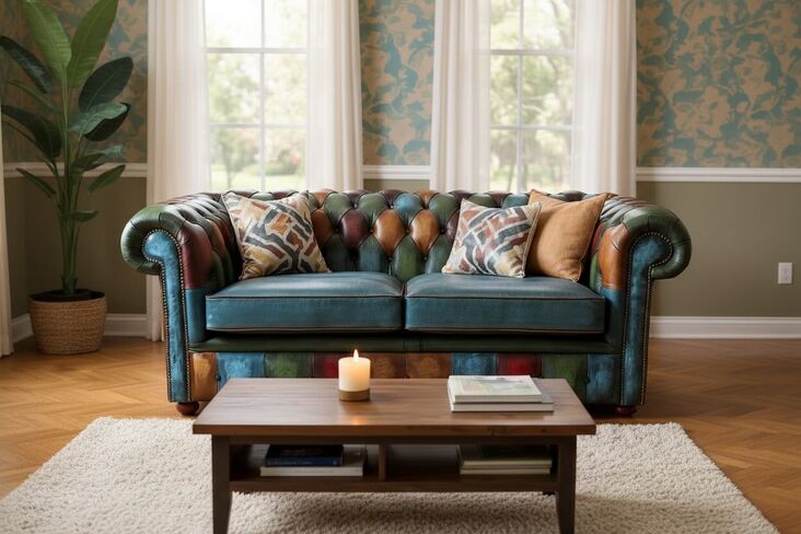 Chesterfield Patchwork 2 Seater Settee Antique Blue Real Leather Sofa