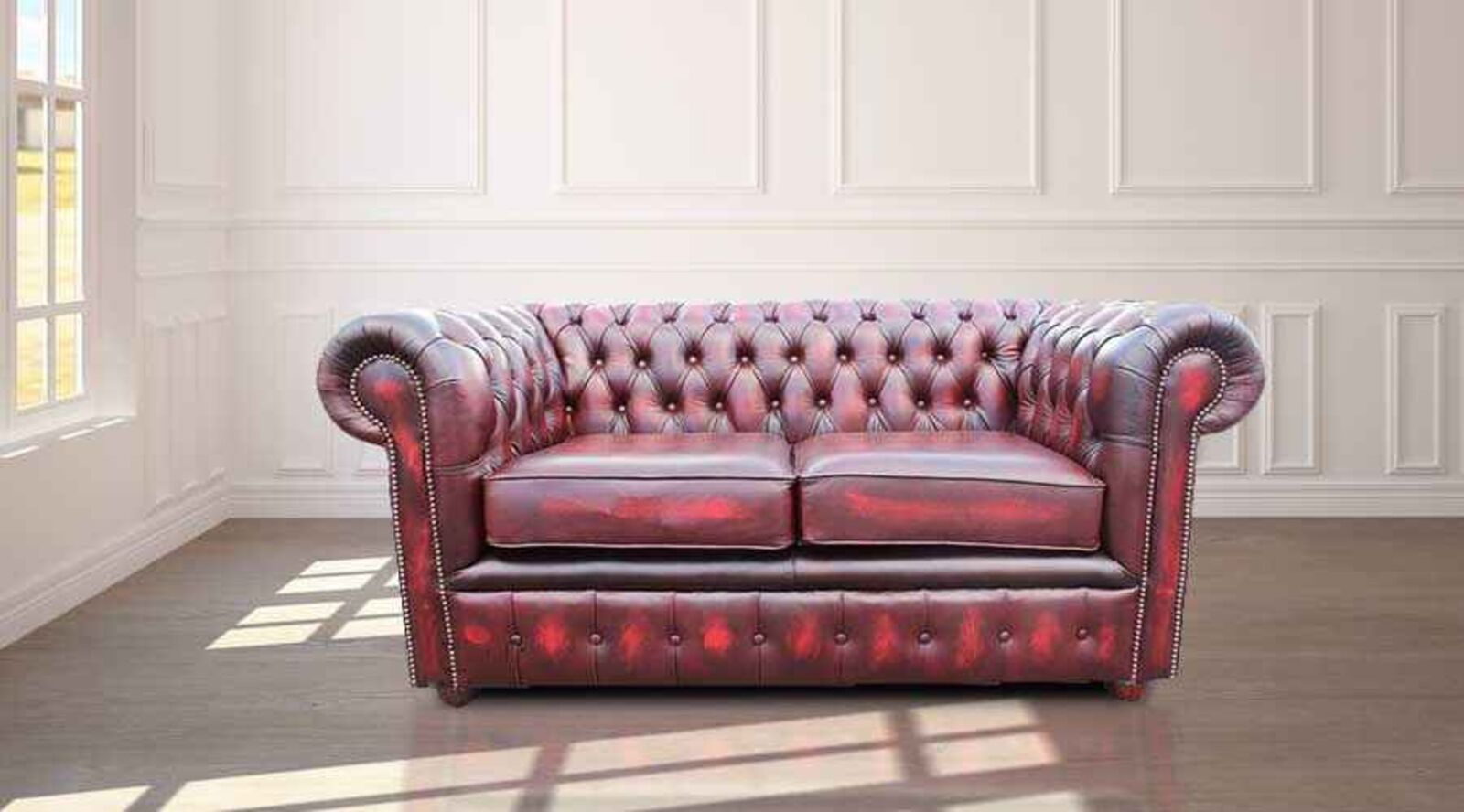 Product photograph of Chesterfield 2 Seater Sofa Antique Oxblood Real Leather from Designer Sofas 4U