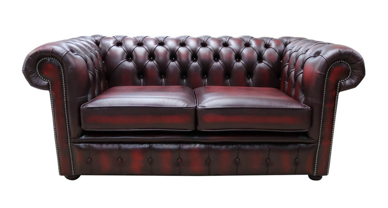 Product photograph of Chesterfield Classic Tufted Buttoned 2 Seater Antique Oxblood Leather Sofa Settee from Designer Sofas 4U