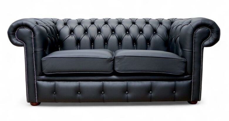 Luxury Black Chesterfield Leather Sofa – Tufted 2-Seater with Nailhead Trim