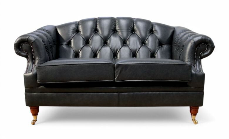 Victoria 2 Seater Chesterfield Leather Sofa Settee Old English Black Leather