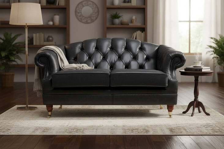Victoria 2 Seater Chesterfield Leather Sofa Settee Old English Black Leather