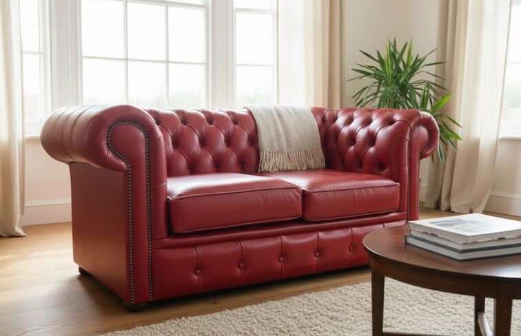 Vintage Old English Gamay Red Leather Chesterfield Sofa 2 Seater – Timeless Elegance & Comfort