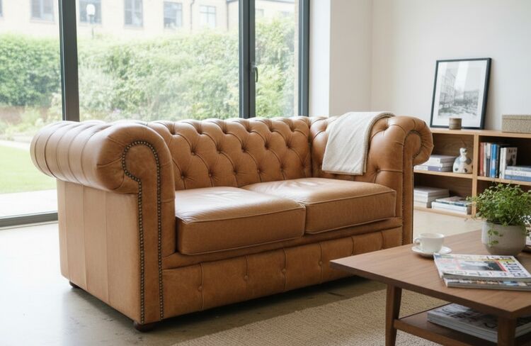 Vintage Old English Tan Leather Chesterfield Sofa 2 Seater – Timeless Elegance & Comfort