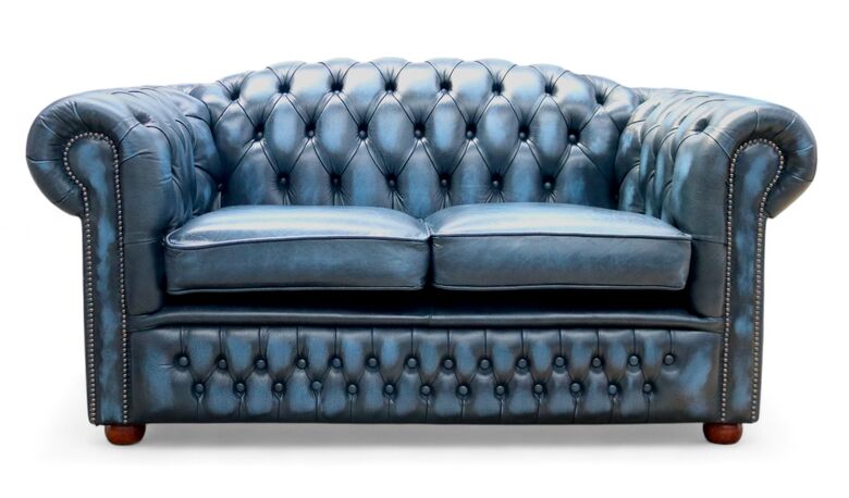 William Chesterfield Sofa – Antique Blue Leather | Luxurious Tufted 2 Seater