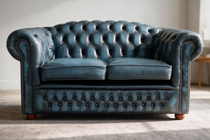 William Chesterfield Sofa – Antique Blue Leather | Luxurious Tufted 2 Seater