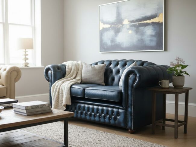 William Chesterfield Sofa – Antique Blue Leather | Luxurious Tufted 2 Seater