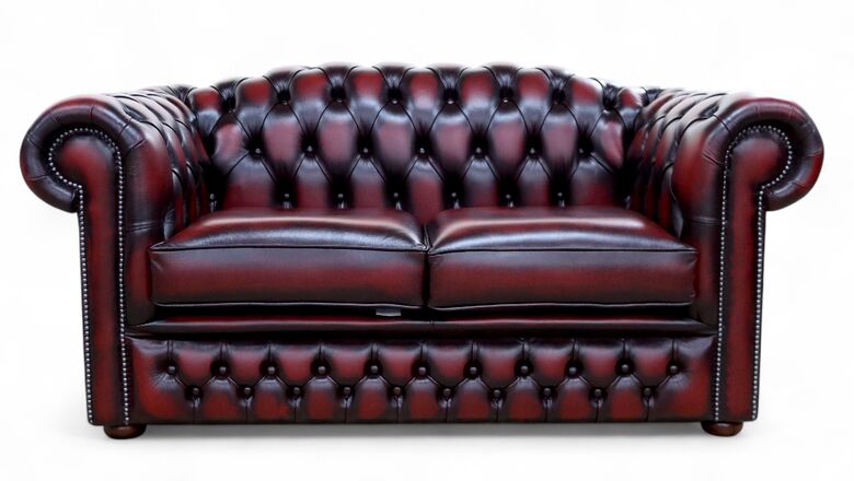 William Chesterfield Sofa – Antique Oxblood Leather | Luxurious Tufted 2 Seater