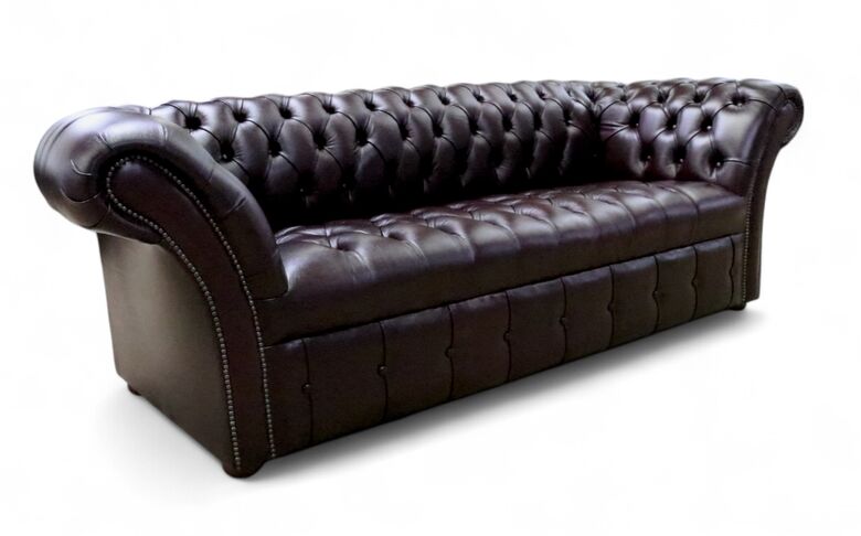Chesterfield 3 Seater Balmoral Buttoned Seat Leather Sofa Antique Brown No Rub Off