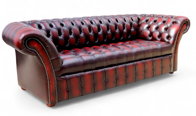 Chesterfield Balmoral 3 Seater Buttoned Seat Sofa Antique Oxblood Red Real Leather