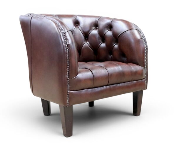 Chesterfield Burghley Low Back Tub Chair UK Manufactured Antique Brown Leather