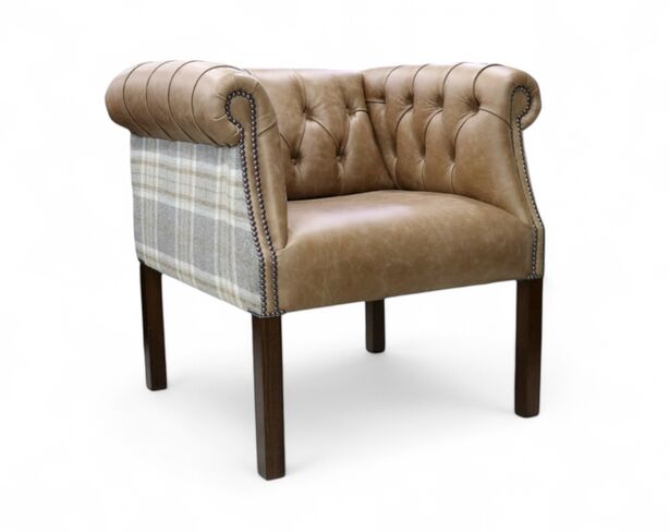 Chesterfield Devon Tub Chair Cracked Wax Tan Leather With Tartan Fabric Fixed Seat