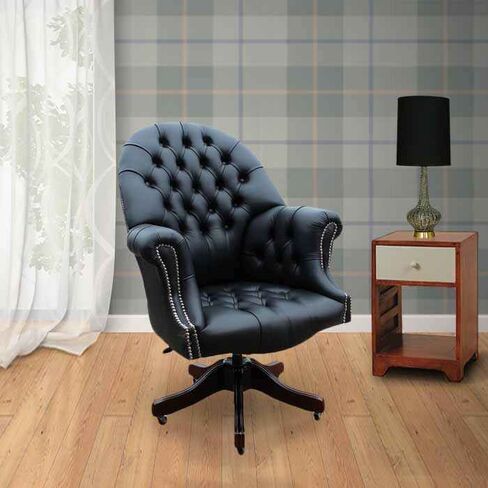 Chesterfield Directors Leather Office Chair Black Silver Studding