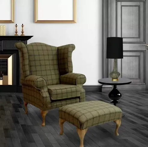Chesterfield Edward Queen Anne Wool Tweed Althrop Topaz Wing Chair Fireside High Back Armchair + Footstool