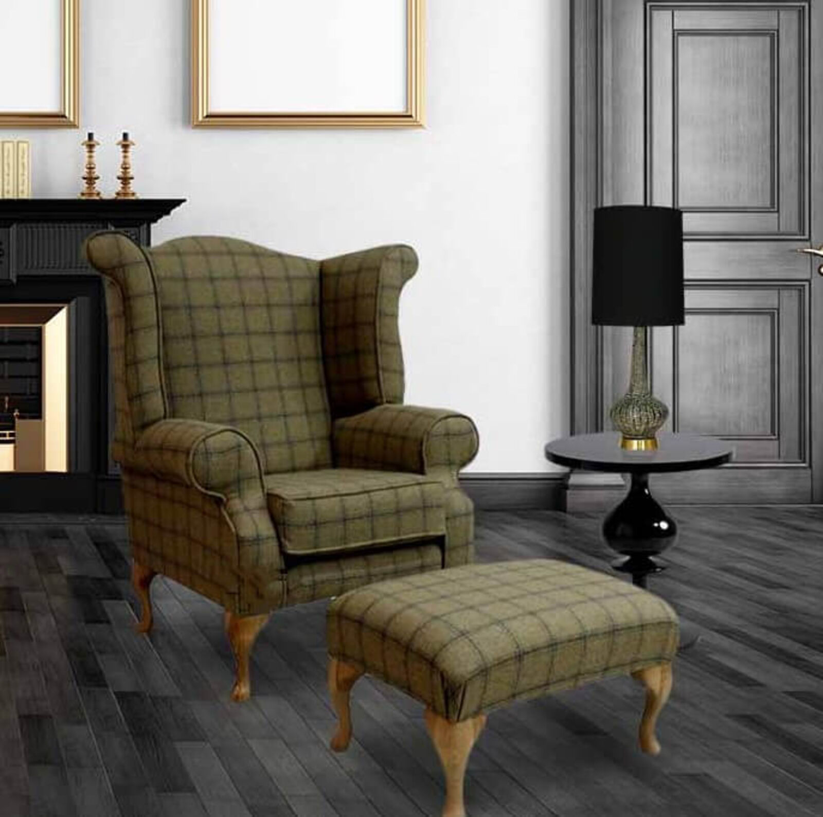 Product photograph of Chesterfield Edward Queen Anne Wool Tweed Althrop Topaz Wing Chair Fireside High Back Armchair Footstool from Designer Sofas 4U