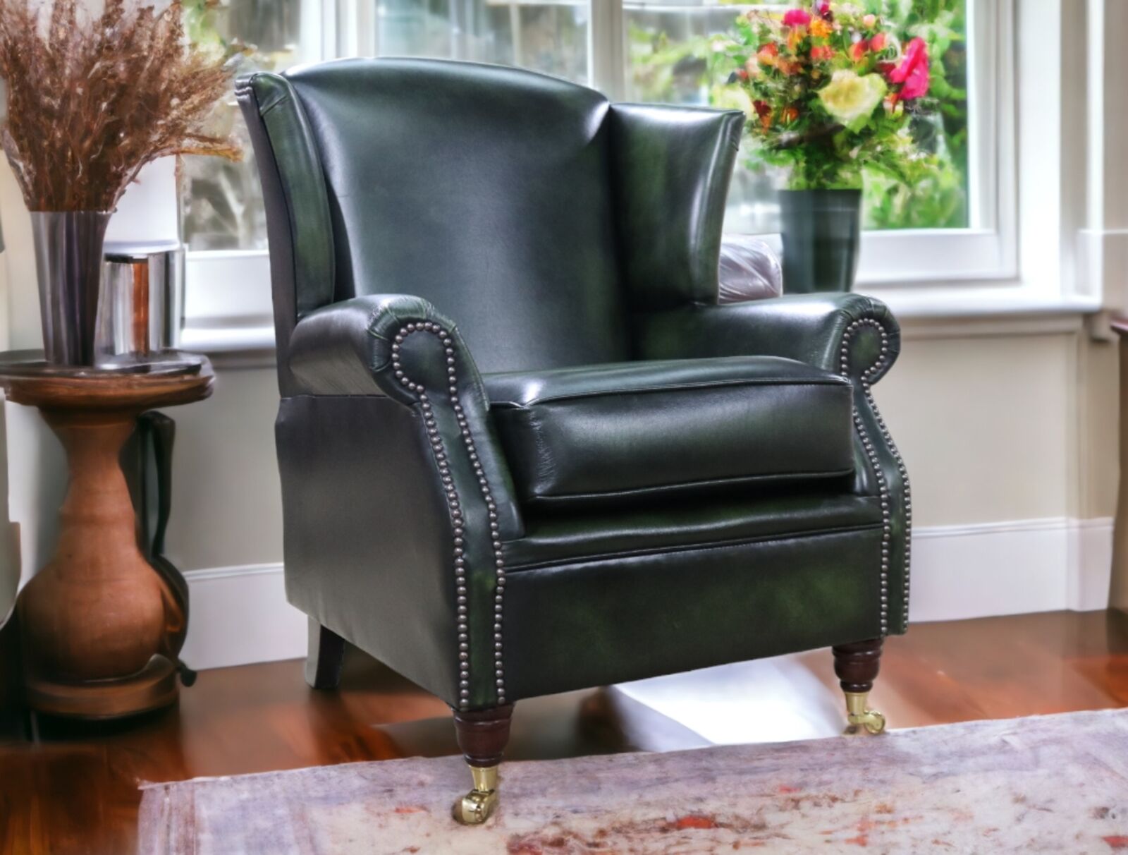 Product photograph of Southwold Chesterfield Wing Chair Fireside High Back Leather Armchair Antique Green Leather from Designer Sofas 4U