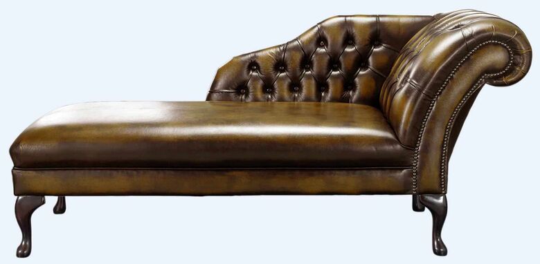 Chesterfield Chaise Antique Gold Leather Lounge Day Bed
