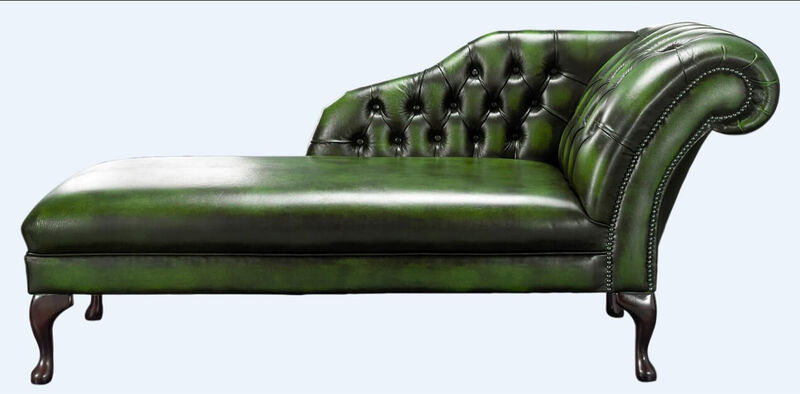 Product photograph of Chesterfield Chaise Antique Green Leather Lounge Day Bed from Designer Sofas 4U