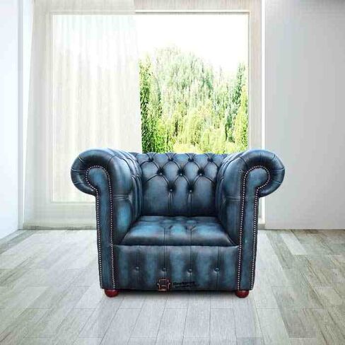 Chesterfield Belgravia Buttoned Seat Low Back Club ArmChair Antique Blue Leather
