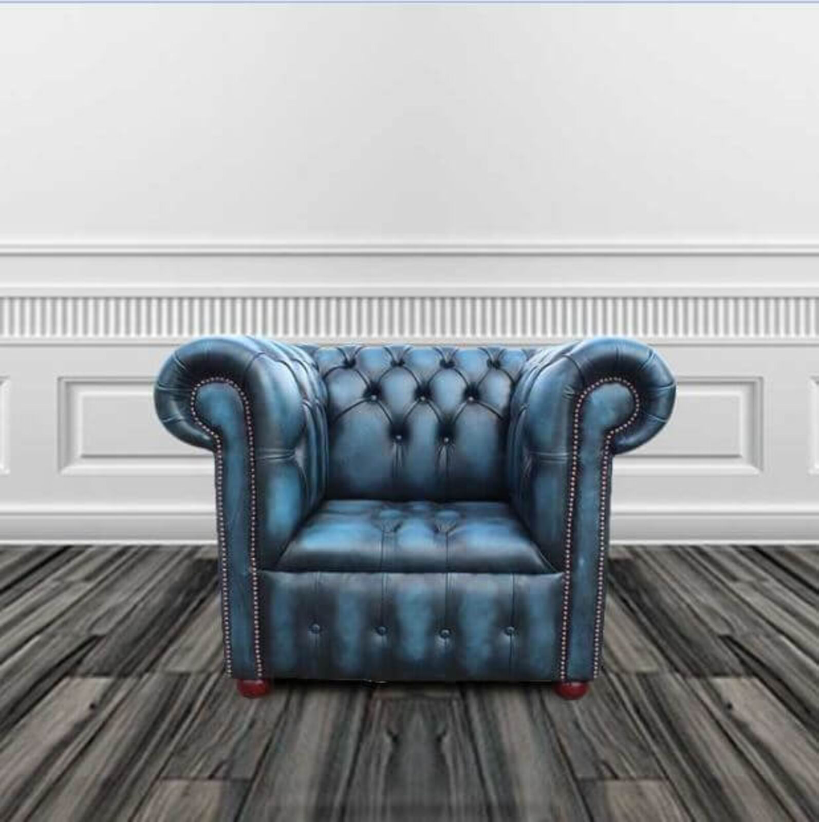 Product photograph of Chesterfield Buttoned Seat Low Back Club Armchair Antique Blue Leather from Designer Sofas 4U